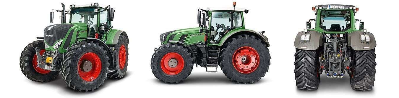 Ciągnik Fendt 900 Vario w trzech widokach przód, tył i lewy bok